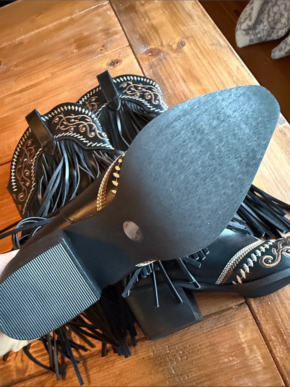 Black Fringe Western Heeled Boots with Copper Embroidery - Picture 5 of 5